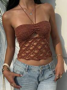 MainGRL SHEIN 女士春夏度假系列活力棕色露背系带镂空装饰针织上衣，春夏女装，沙滩装，女士度假装 - 棕色 - 查看 4