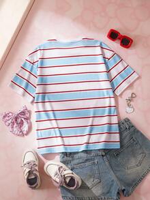 HELLO KITTY AND FRIENDS | SHEIN 少女休闲条纹猫咪印花圆领落肩T恤，夏季 - 彩色 - 查看 2