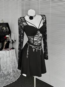 Coolane Damen Vintage Goth Y2K Rave Outfit Renaissance Fair Club Outfits Party Rave Outfit Festival Kontrast Spitze Ausschnitt Langarm Minikleid, Ganzjährig tragbar - Schwarz - Übersicht 2