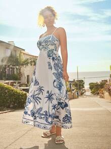 Travachic 大码女式蓝白海洋生物海星贝壳印花连衣裙，吊带收腰A字长裙，海岛度假休闲印花连衣裙，夏季中长连衣裙，蓝白吊带裙，度假连衣裙，女士吊带裙，热带印花连衣裙，波西米亚风连衣裙，女士度假连衣裙，海岛度假套装，哈瓦那套装，夏季套装，春季套装，沙滩套装 - 藍白色 - 查看 7