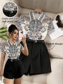 SHEIN Franclia Conjunto de 2 piezas para mujer: Cárdigan de manga corta con cuello mao y diseño de cierre con botones, Pantalones de cintura alta estilo A-line con estampado retro e incluye cinturón negro, Conjunto casual y de moda de falda y blusa para uso diario. Conjunto de blusa de manga corta y shorts para mujer. Conjunto de top estampado y shorts para verano. - Multicolor - Ver 7