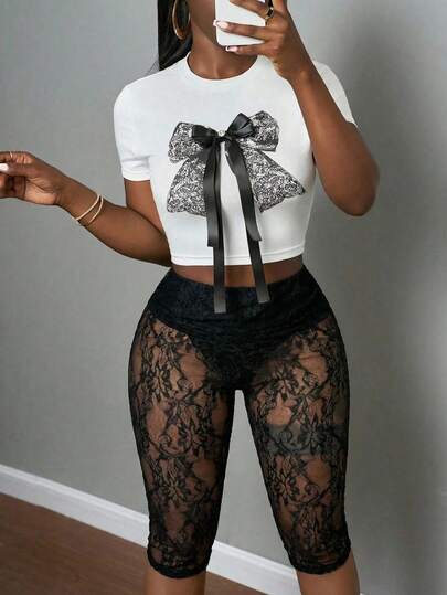 Slaydiva 新款春季、春夏音乐节、情人节、复活节休闲、简约基础风、Y2K街头甜美风、畅销款、日常约会、辣妹风、性感、运动时尚风、褶裥腰、折叠腰、黑色蕾丝、七分裤、骑行裤、女士长裤 -A