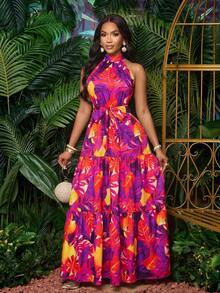 SOLERSUN Women's Fashionable Allover Print Halter Maxi Flowy Dress With Belt For Vacation (Random Floral) - Red Violet - View 8