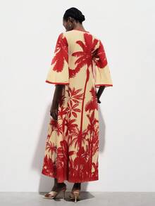Aveloria Modichic Minimalist Casual Chic Coconut Tree Print Splice Drawstring Waist Flare Sleeve Dress For Women - Multicolor - View 2