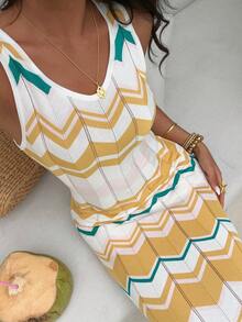 Selianne Spring/Summer Casual Vacation Style Round Neck Sleeveless Fitted Knit Tank Dress For Women - Multicolor - View 3