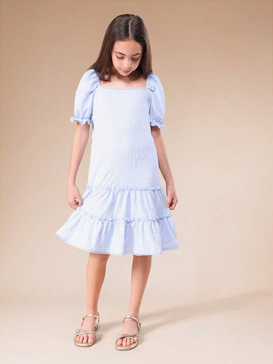SUMWON Tween Girls Light Blue Smocked Square Neck Puff Sleeve Tiered Midi Dress With Ruffle Details And White Trim - Baby Blue - View 1
