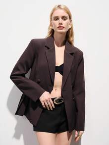 Aveloria Modichic 新款女士平驳领OL职业宽肩褶裥下摆长袖西装外套 - 咖啡棕 - 查看 7