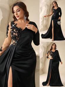 Coutiva 优雅的亮片缎面连衣裙，深V领，露背设计，长袖，鱼尾裙摆；非常适合正式晚宴穿着，适合婚礼宾客或婆婆穿着。 - 黑色 - 查看 1