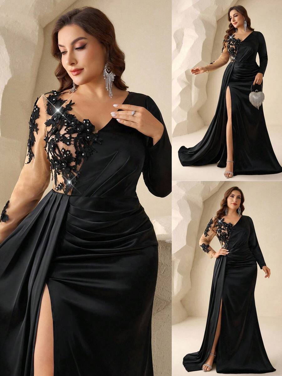 Coutiva 优雅的亮片缎面连衣裙，深V领，露背设计，长袖，鱼尾裙摆；非常适合正式晚宴穿着，适合婚礼宾客或婆婆穿着。 - 黑色 - 查看 1