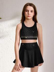 少女黑色背心裙套装 - 两件套高弹力运动服，饰有闪亮水晶，无袖运动服，适合舞蹈和体操训练、体操、啦啦队服，闪亮水晶装饰，内置安全短裤 - 黑色 - 查看 2