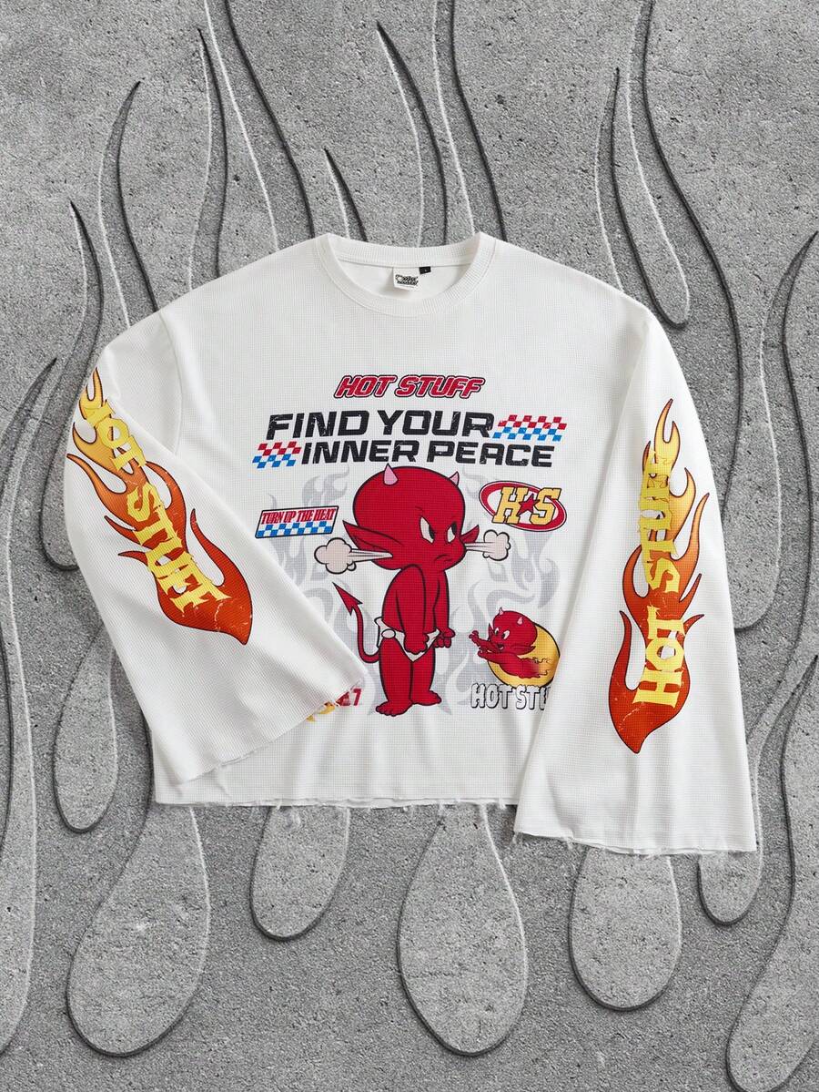 SHEIN HOT STUFF Men's Casual Letter & Cartoon Graphic Long Sleeve T-Shirt, Autumn - White - View 1