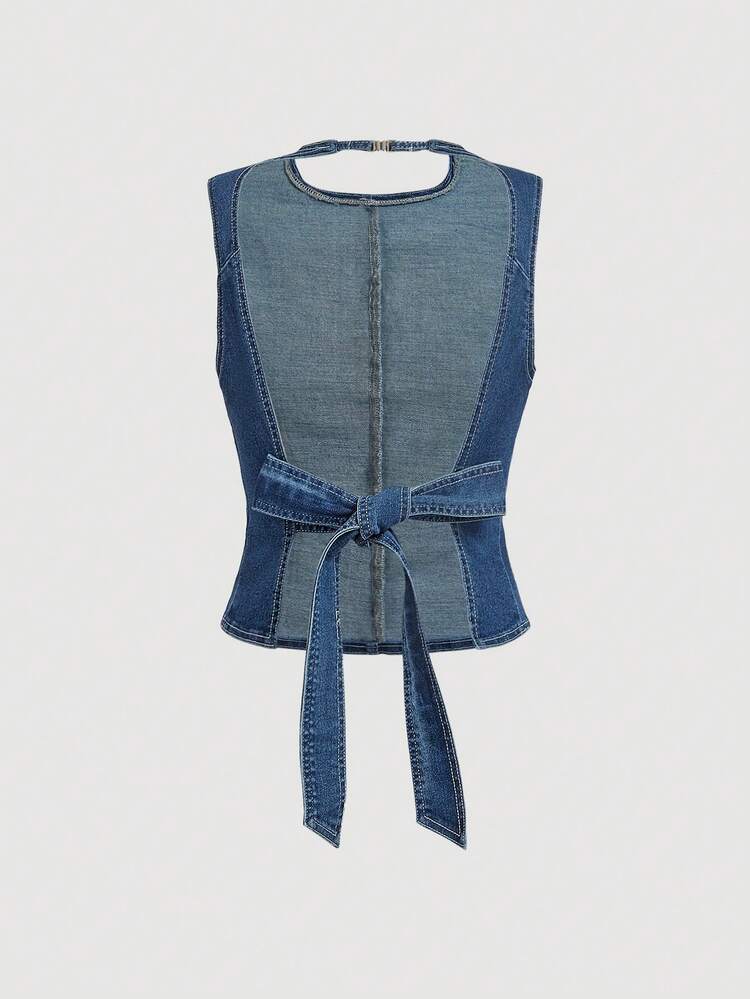 Sweetra Conjunto elegante de top sem mangas casual e moderno com saia Denim para mulheres - Lavagem Média - Visão 7