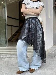 DAZY Chân váy ren khoét họa tiết hoa mùa xuân hè, phong cách Bohemian, váy đi biển bất đối xứng, chân váy thanh lịch công sở bằng vải voan mỏng cho nữ. - màu đen - Xem 14