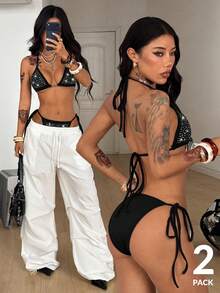 Coolane 女士春夏街头风外出音乐节派对科切拉迪斯科装扮时尚性感洞穴海滩度假装扮针织弹力舒适闪亮水钻钻石图案吊带黑色挂脖比基尼上衣和内裤，2件套 - 黑色 - 查看 3