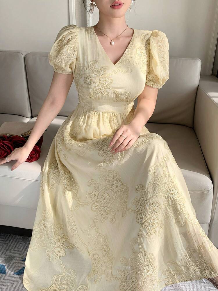 Women's Summer V-Neck Short Sleeve Waist Cinched Long Elegant Yellow Dress Sundress