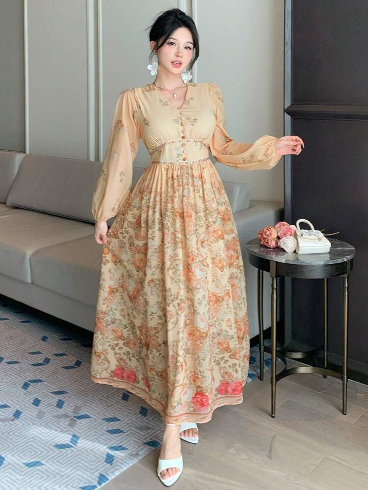 Women's V-Neck Waist Cinched Floral Print Dress Maxi Dress Sundress
