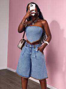 Slaydiva 女士宽松休闲百搭牛仔阔腿百慕大短裤 - 中等水洗藍 - 查看 2