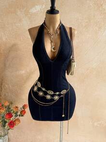 Soleia 女士性感露背吊带修身迷你牛仔连衣裙，夏季 - 藍色 - 查看 5