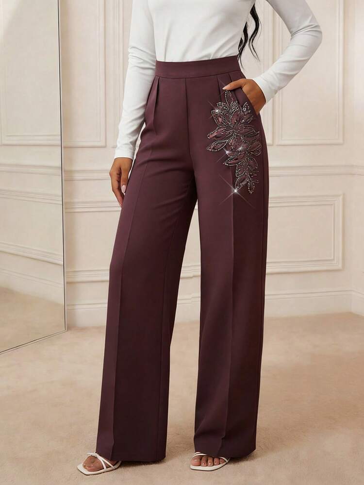 Anewsta Women's High-Waisted Wide-Leg Pants In Burgundy, Luxurious Crystal Floral Decor, Elegant Spring/Summer Formal Wedding Guest Party