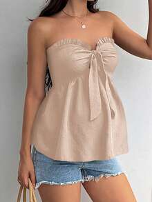 SHEIN Maternity Solid Color Frill Trim Front Tie Camisole Top - Apricot - View 4
