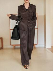 Dazy-Less Women's Striped Print Belted Long Sleeve Blazer And Pants Suit Set Business Casual Woman - Brown - View 7
