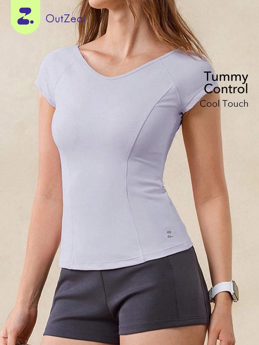 OutZeal Áo tập gym nữ, áo thun thể thao màu trơn, mùa hè xuân, tennis, yoga, áo casual, thoáng mát, ôm sát, tay ngắn, giúp kiểm soát vòng bụng, thích hợp cho hoạt động thể thao. - Màu tím - Xem 1