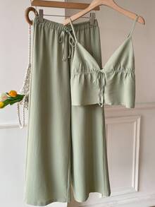SHEIN EZwear Bộ 2 món gồm áo hai dây và quần dài dệt màu xanh lá cây dành cho nữ. - màu xanh lá - Xem 3