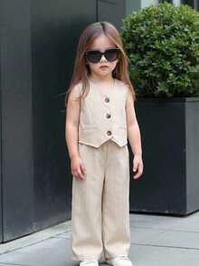 Bubblio Baby Girl Casual Sleeveless Top And Pants Set, Spring/Summer - Khaki - View 6