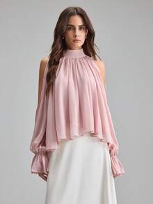 Ontre 2026 New Early Spring Pink Off-Shoulder Wrinkle-Resistant Chiffon Blouse With Bow Tie Back, Suitable For Modern Urban Parties, Back To School Season, Weddings, Casual Minimalist Fashion, Bohemian Style, Vacation, Festivals, Spring - Pink - View 6