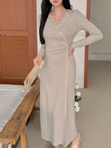 DAZY Elegant Jacquard Knit Lace Patchwork Long Dress Loungewear For Women Pajamas - Grey - View 6
