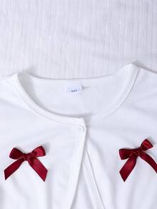 Tween GirlsRetro Elegant Red Bow Petal Sleeve Cardigan And White Bow Strap Peplum Dress Set, Sweet And Chic - Burgundy - View 3