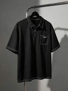 EASEVO Plus Size Men's Casual Contrast Trim Polo Shirt, Summer - Black - View 6