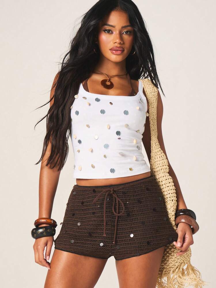 MISSGUIDED Sparkling Sequin Knit Mini Shorts With High Rise Waist And Drawstring Tie Detail For Holiday Party Events