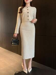 DAZY 女士优雅格子外套连衣裙两件套，秋季 - 杏色 - 查看 6