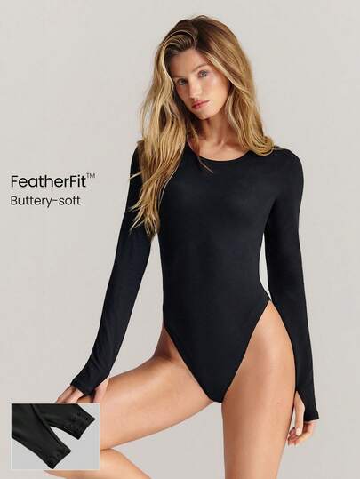 GLOWMODE FeatherFit™ Snap Into Sleek Long-Sleeve Non-Padded Thumbholes Snap Closure Crewneck Bodysuit Low Impact Yoga Pilates Studio Gym Daily Active Wear