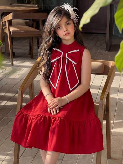 SHEIN Vestido sin mangas con volantes y lazo decorativo para niña preadolescente, estilo de fiesta de cumpleaños de vacaciones de verano