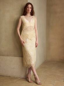 MOTF PREMIUM WOMEN'S ELEGANT FULL-LENGTH BEADED EMBROIDERED SKIRT - Apricot - View 3