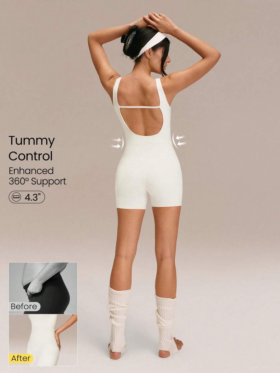 GLOWMODE 4.3英寸 FeatherFit™ 塑形连体衣，如黄油般柔软，吸汗透气，弹力十足，有效收腹，可拆卸胸垫，侧边口袋，U型后背设计，适合低强度瑜伽、普拉提、健身房锻炼和日常穿着。 - 白色 - 查看 1