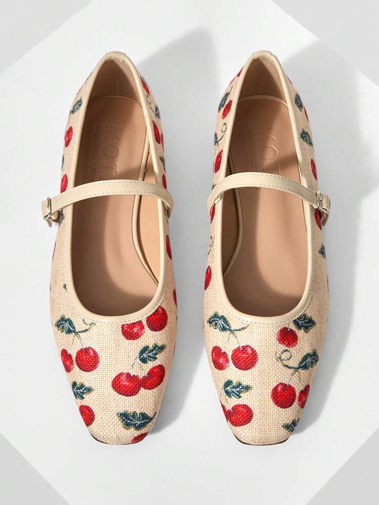 VINTAGE COUNTRYSIDE VACATION STYLE COMMUTING CHERRY PATTERN WOVEN ADJUSTABLE BUCKLE FLAT SHOES VALENTINE'S DAY