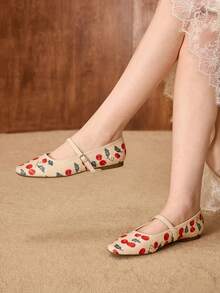 PREMIUM 复古乡村度假风通勤樱桃图案编织可调节搭扣平底鞋 - 米色 - 查看 6