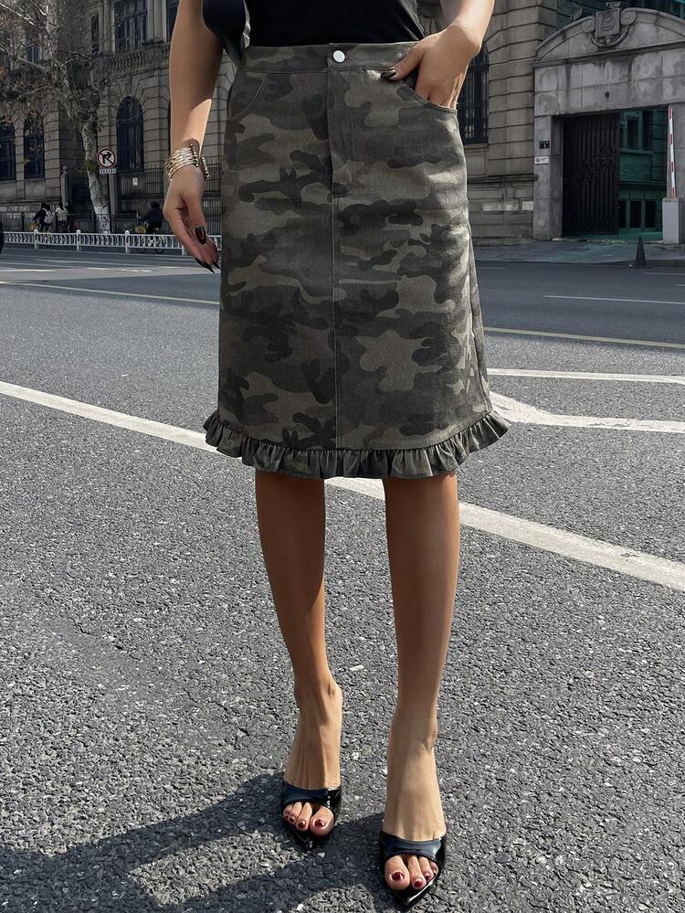 Camouflage Mermaid Ruffle Hem Casual Street Style Women Summer Skirt
