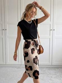 SHEIN LUNE 2pcs Set Women Textured Leopard Patchwork Skirt For Summer Suitable For Going Out - Multicolor - View 4