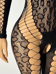 Bare Chapter Plus Size Women Sexy Leopard Print Mesh Sheer Bodysuit - Black - View 3