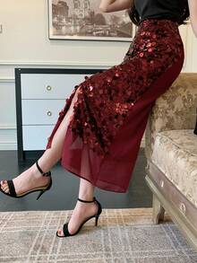 DAZY Chân váy suông đính sequin thanh lịch dành cho nữ, thích hợp cho mùa xuân/hè. - Màu Đỏ Sâu - Xem 6