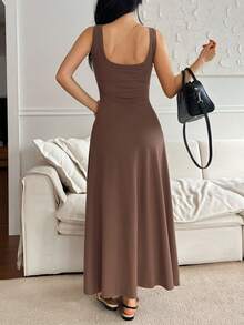 DAZY Women's Summer Square Neck Tie Waist Fitted Casual Long Dress Sun Dresses For Women - Brown - View 3