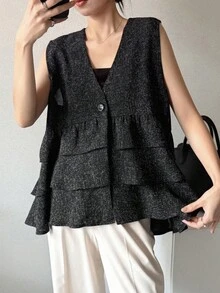 FRIFUL Áo khoác vest nữ cổ chữ V cài một hàng khuy, xếp lớp, viền bèo nhún. - màu đen - Xem 5