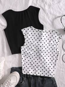 White With Black Polka Dots,Summer,Cute,School Halter Neck Cropped Top,Ruched Fitted Removable Bow Blouse For Tween Girls,Starfish Decor,Pearl Chain - White - View 2