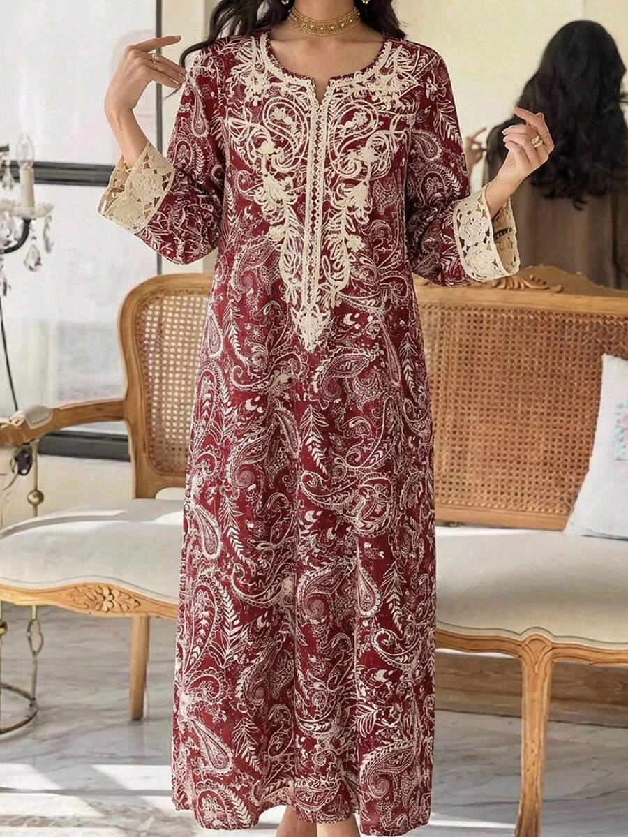 Al Najma 女士优雅佩斯利印花宽松阿拉伯风格连衣裙，秋季 - 彩色 - 查看 1