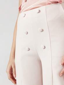 OverBlushhh Damen hellrosa geschnittene weite Palazzo Hose, Hoher Bund Hose Anzug, Knopfdetail, Seitentasche, elegante Bürokleidung, Büro, Hochzeitsgast, Frühling - Pink - Übersicht 4