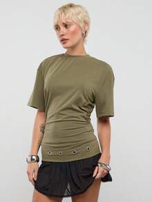 COUREZ Short Sleeve T-Shirt With Tie Hem Detail - Army Green - View 2